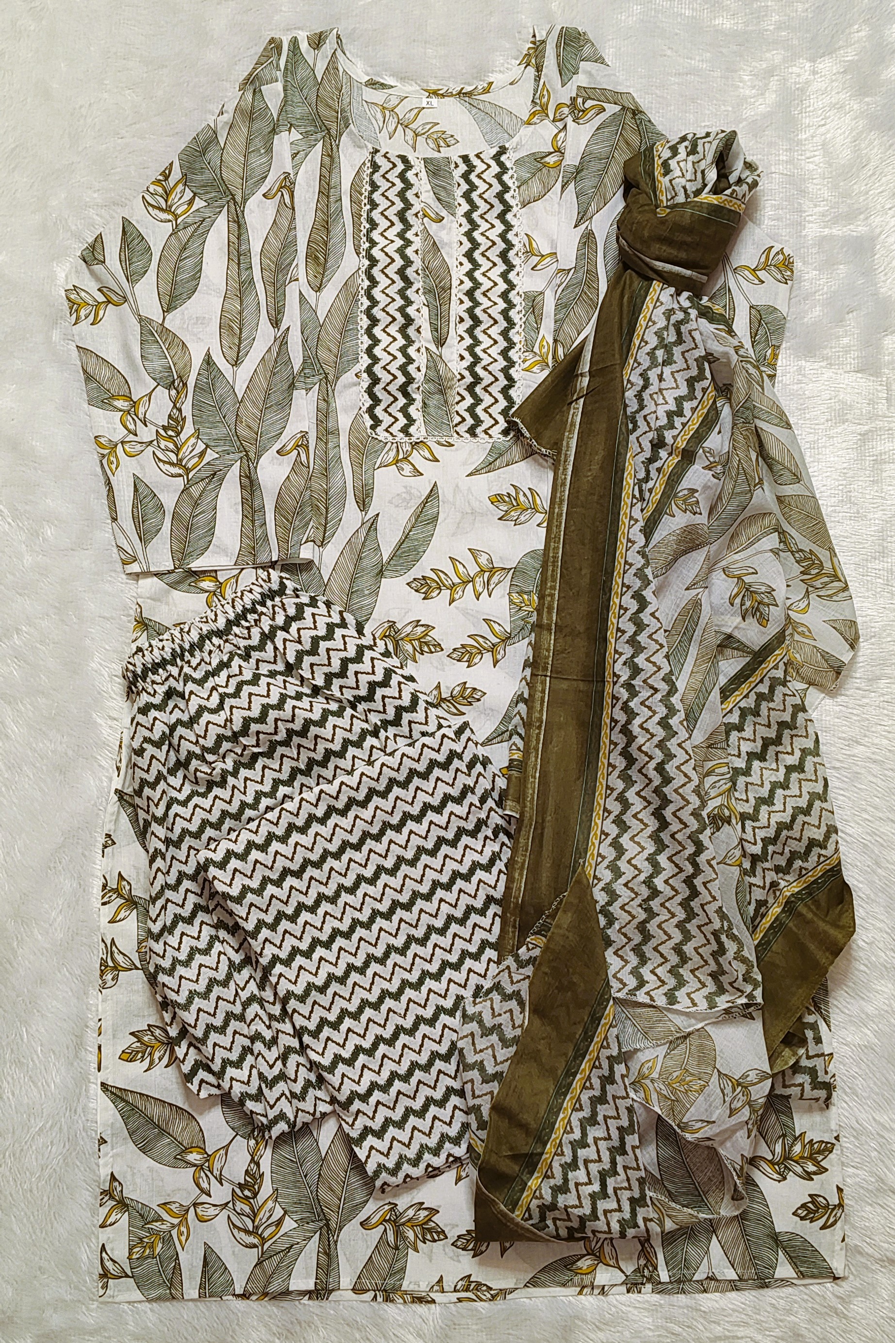 White & Green Cotton Kurta with Pants & Dupatta