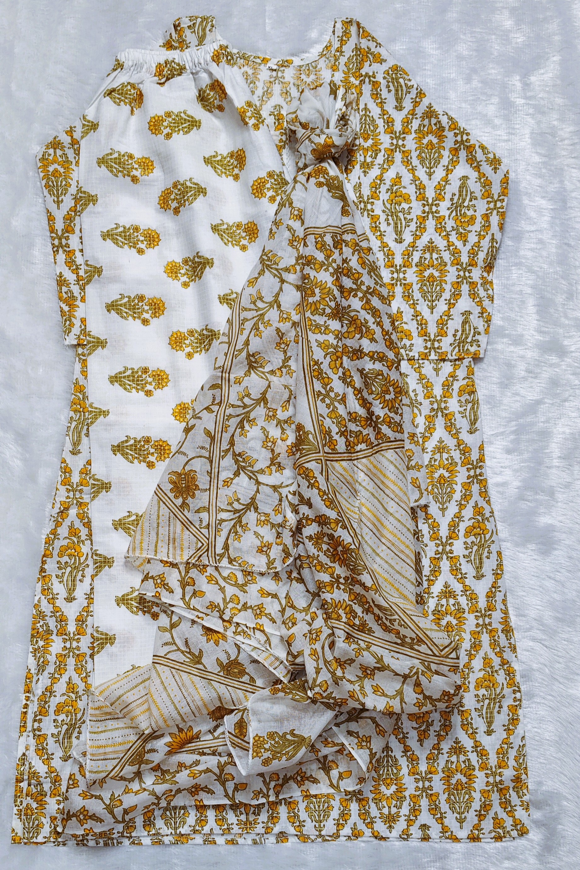White & Yellow Cotton Kurta with Pants & Dupatta