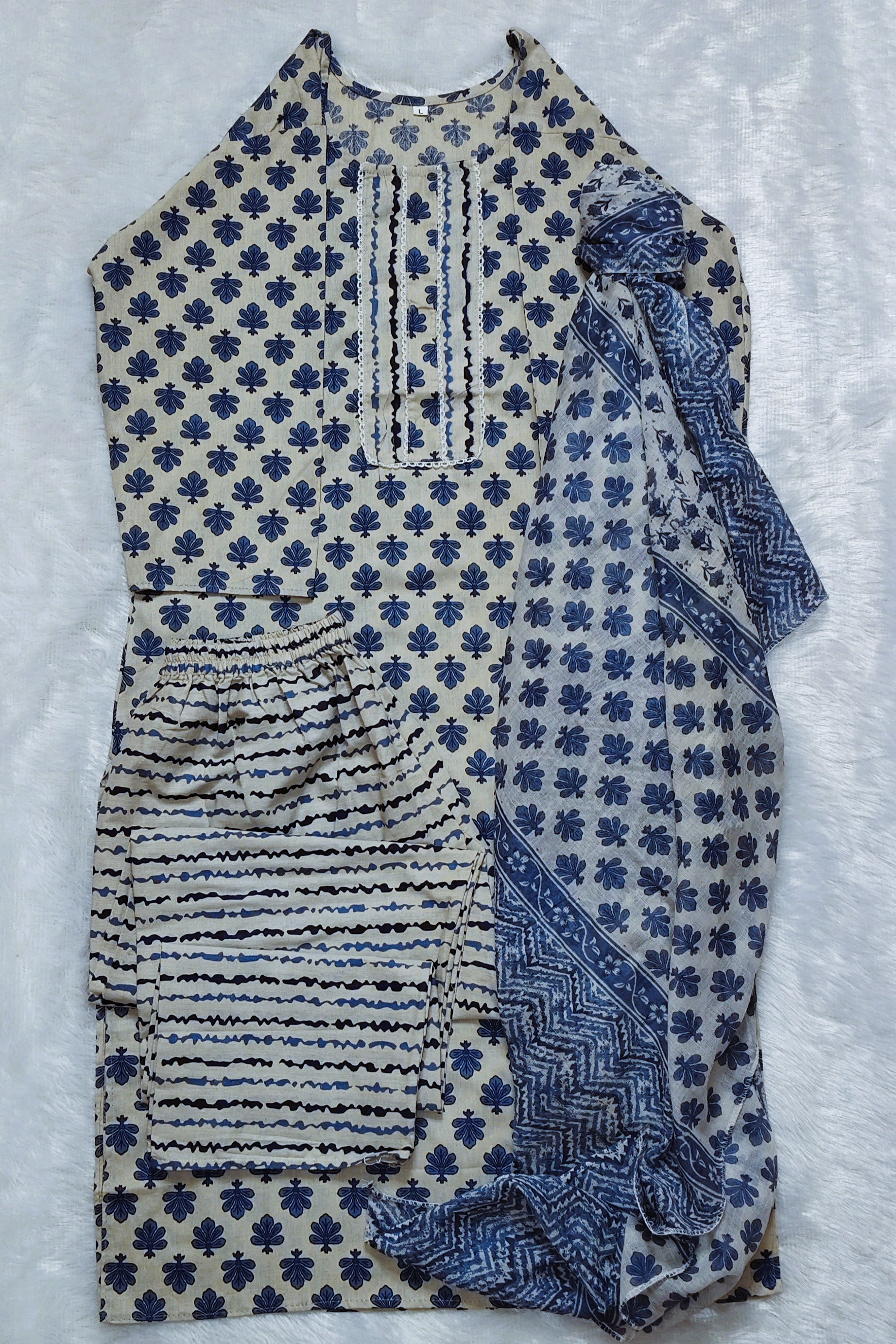 Cream and Blue Cotton Kurta with Pants & Dupatta