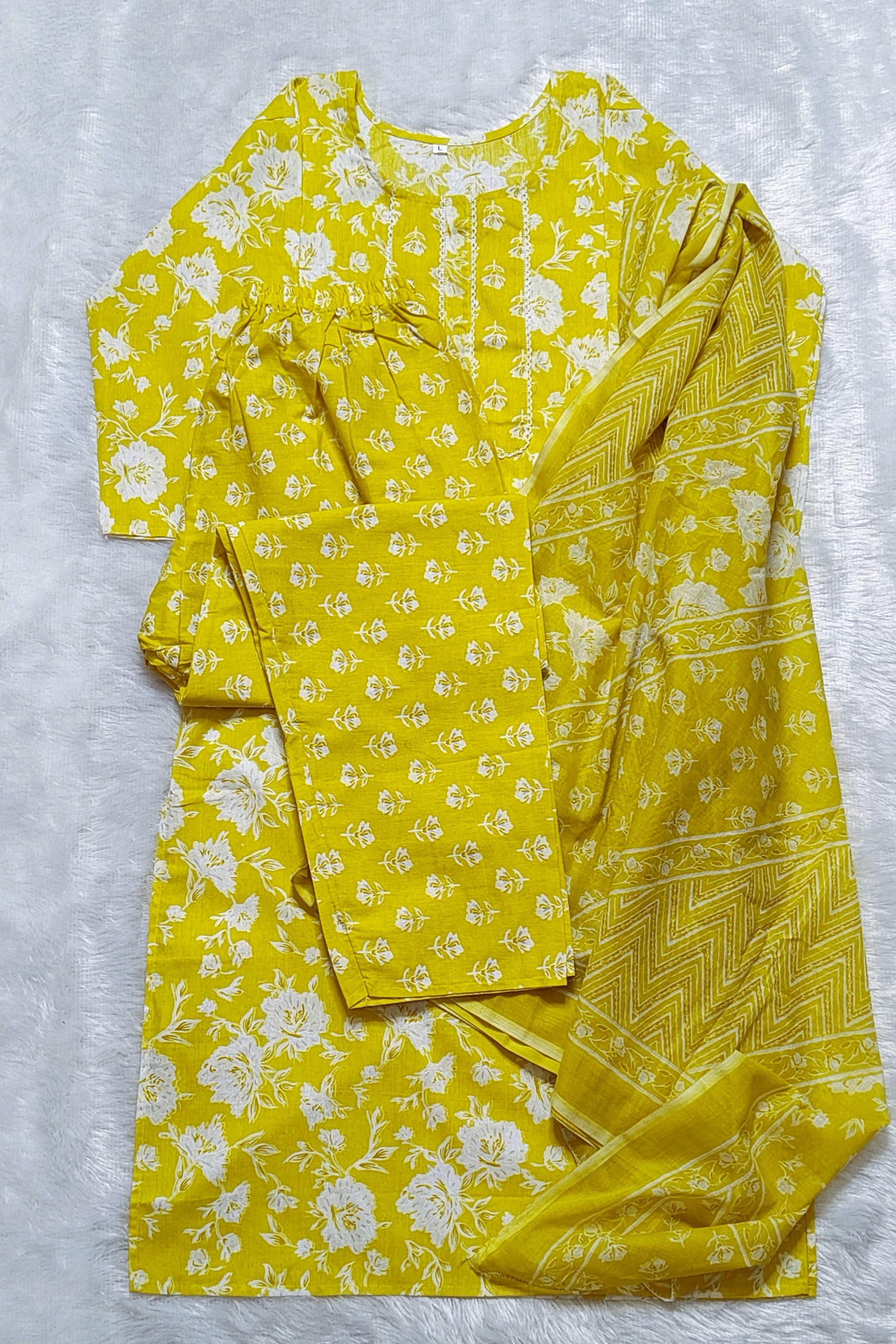 Yellow & White Floral Cotton Kurta with Pant & Dupatta