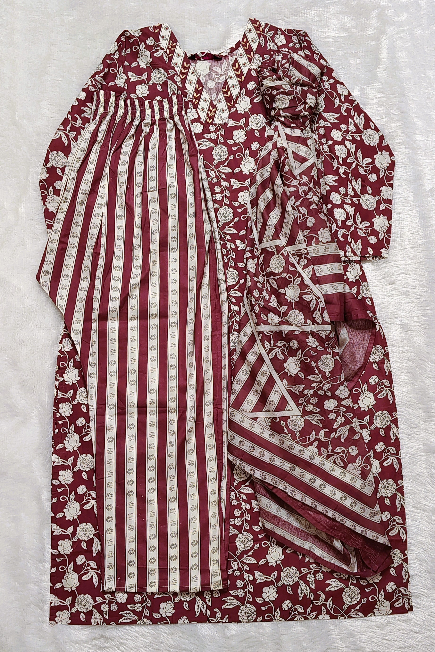 Maroon & Off-White Floral Cotton Kurta Set with Beaded V-Neck