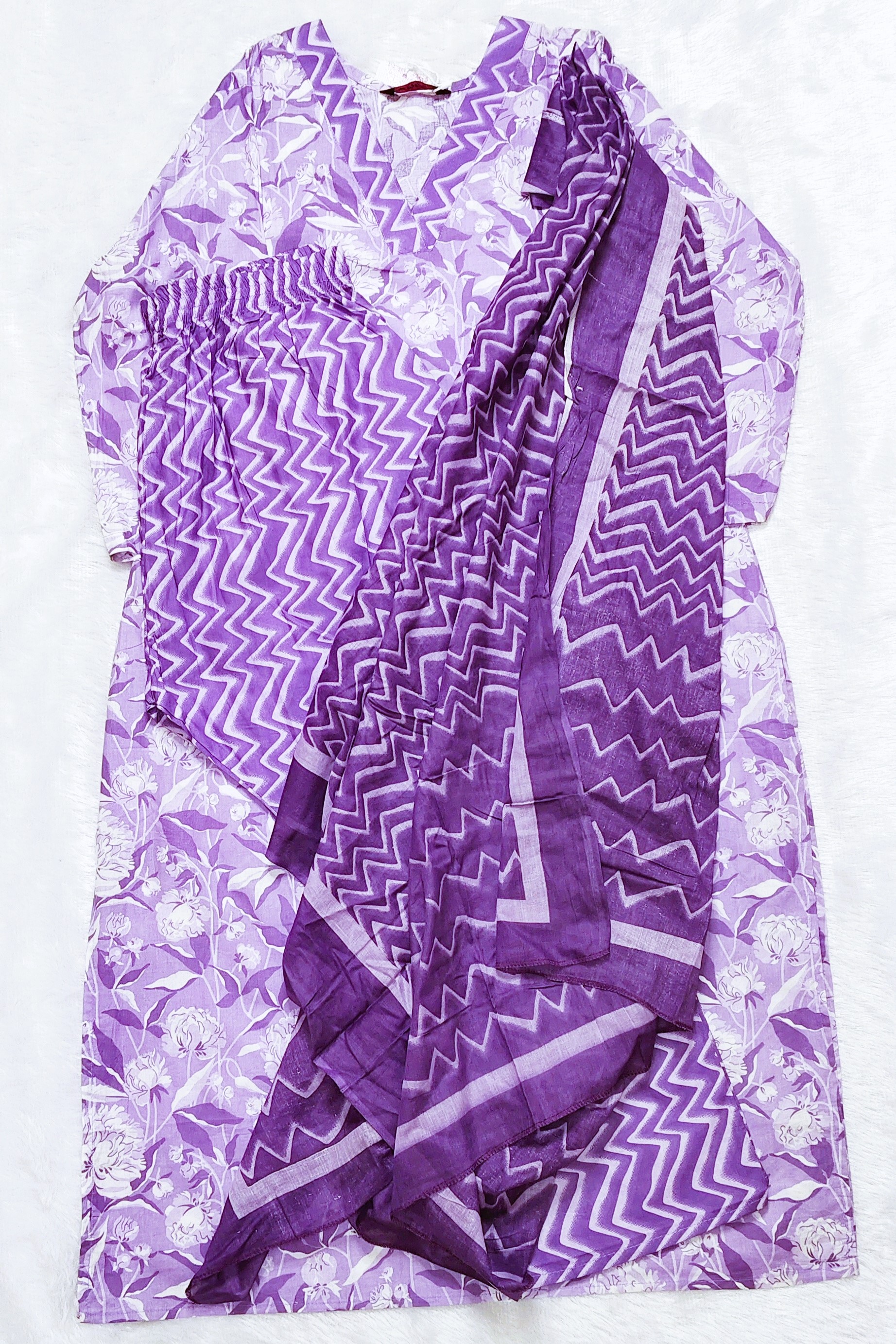 Lavender & White Floral Cotton Kurta Set with Zigzag Print Dupatta