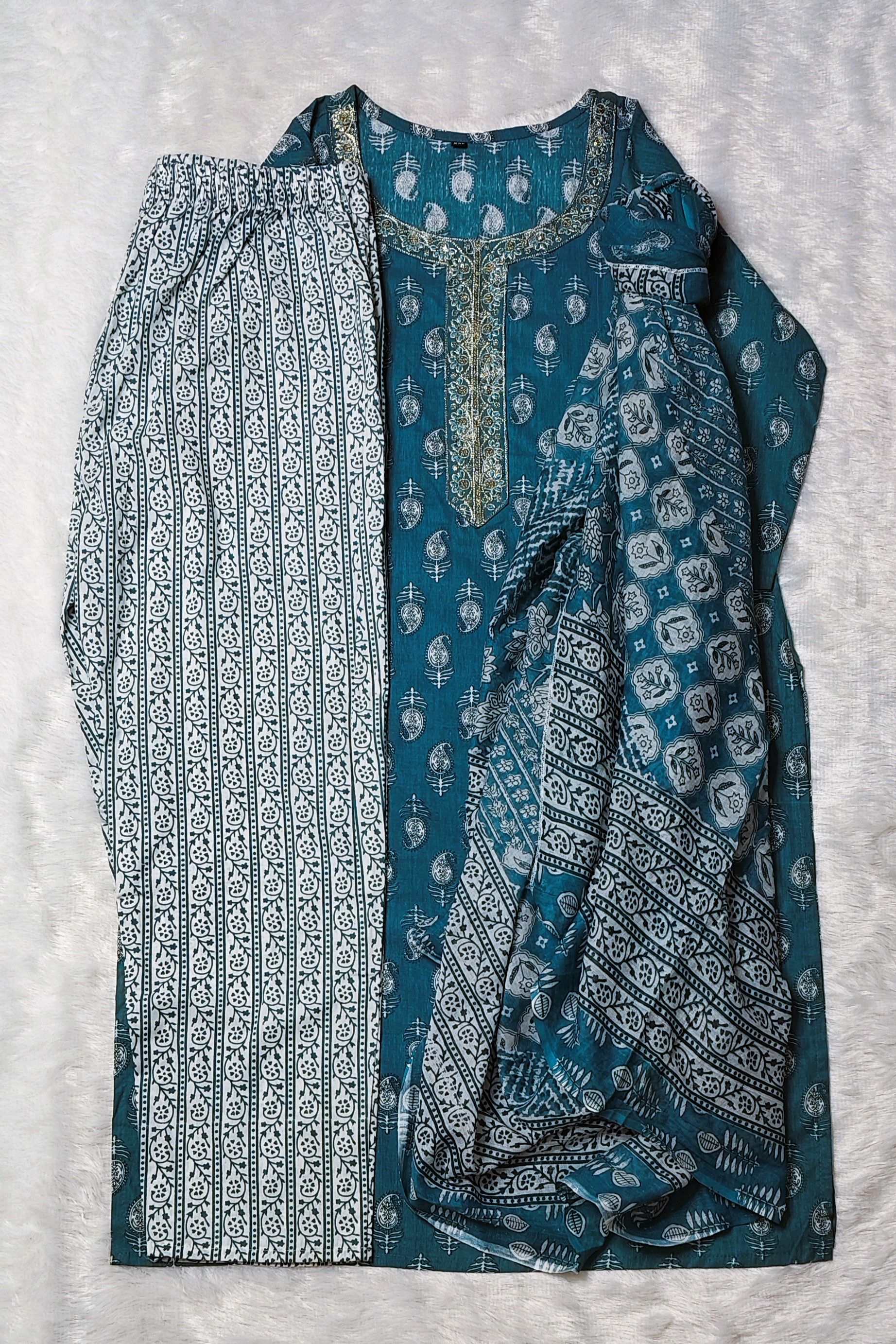 Teal All-Over Print Cotton Kurta Set with Sequin Work & Dupatta